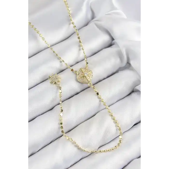 Pirinç Zirkon Taşlı Ezme Zincirli Madalyon Model Gold Renk Y Kolye