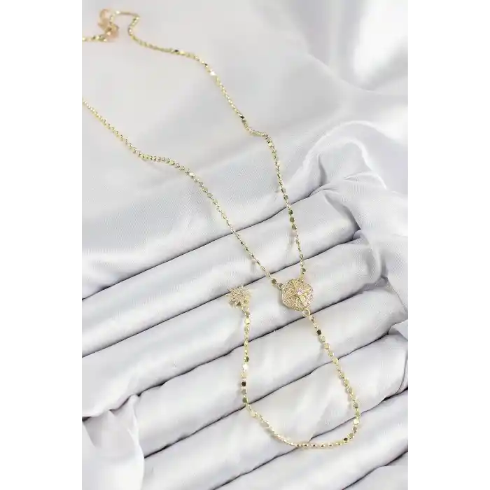 Pirinç Zirkon Taşlı Ezme Zincirli Madalyon Model Gold Renk Y Kolye