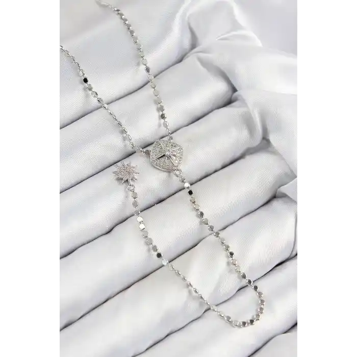 Pirinç Zirkon Taşlı Ezme Zincirli Madalyon Model Gümüş Renk Y Kolye