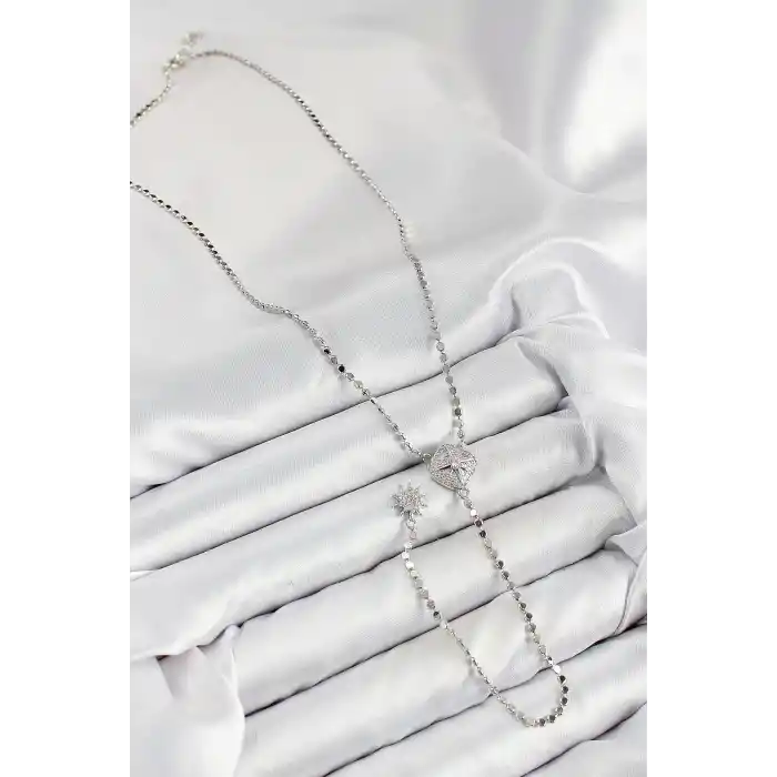 Pirinç Zirkon Taşlı Ezme Zincirli Madalyon Model Gümüş Renk Y Kolye