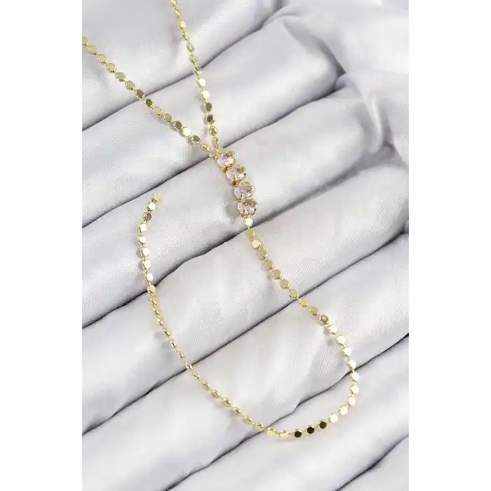 Pirinç Zirkon Taşlı Ezme Zincirli Model Gold Renk Y Kolye