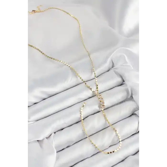 Pirinç Zirkon Taşlı Ezme Zincirli Model Gold Renk Y Kolye