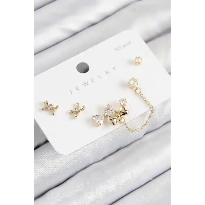 Pirinç Zirkon Taşlı Fiyonk Model Gold Renk 925 Ayar Gümüş Çivi Kadın Küpe Set