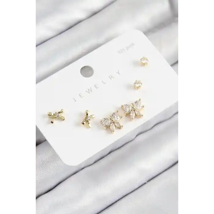 Pirinç Zirkon Taşlı Fiyonk Model Gold Renk 925 Ayar Gümüş Çivi Kadın Küpe Set