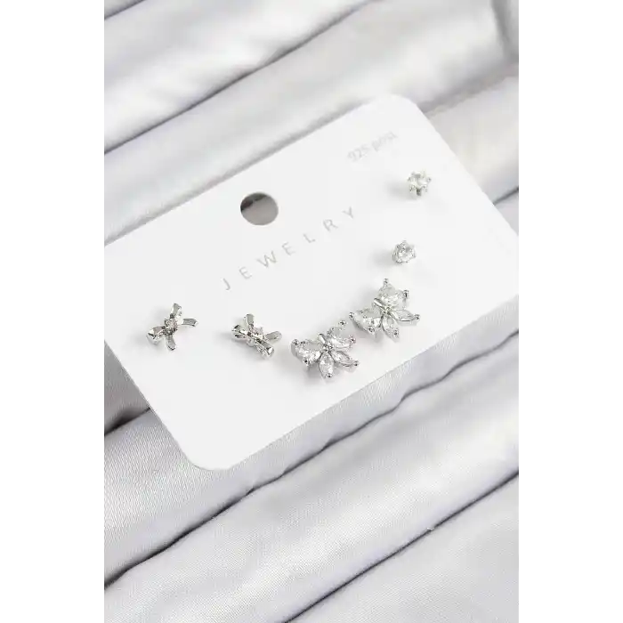 Pirinç Zirkon Taşlı Fiyonk Model Gümüş Renk 925 Ayar Gümüş Çivi Kadın Küpe Set