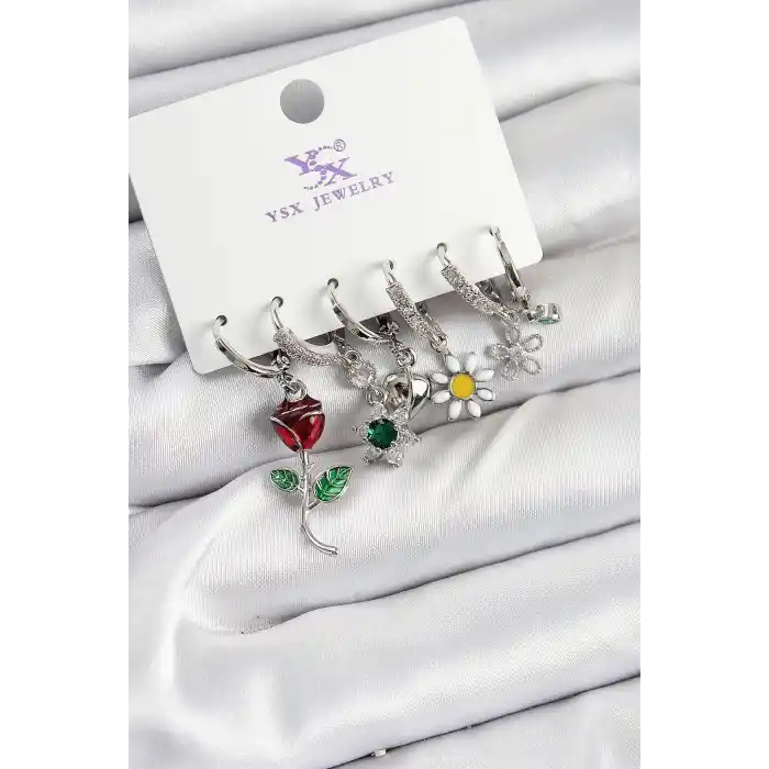Pirinç Zİrkon Taşlı Gül Ve Papatya Model Gümüş Renk 3lü Çift Kadın Küpe