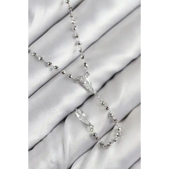 Pirinç Zirkon Taşlı Gümüş Renk Kadın Y Kolye