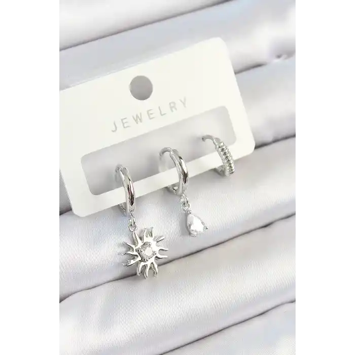 Pirinç Zirkon Taşlı Güneş Model Gümüş Renk 3lü Çift Kadın Küpe Set