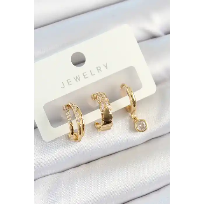 Pirinç Zirkon Taşlı Halka Model Gold Renk 3lü Çift Kadın Küpe Set
