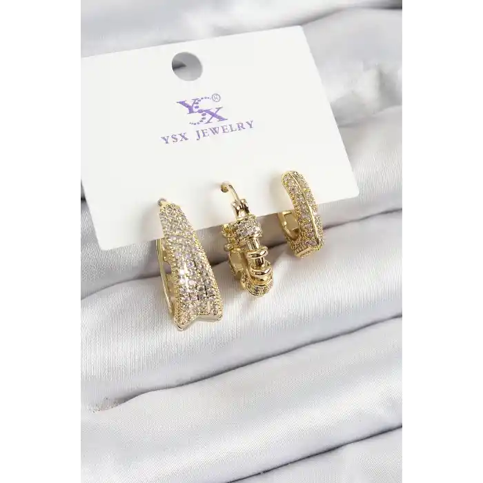 Pirinç Zİrkon Taşlı Halka Model Gold Renk 3lü Kadın Küpe