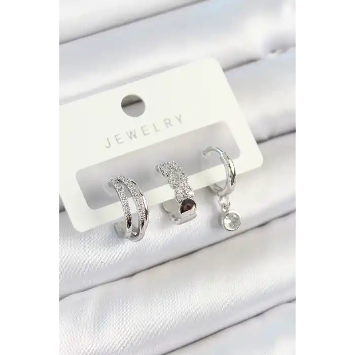 Pirinç Zirkon Taşlı Halka Model Gümüş Renk 3lü Çift Kadın Küpe Set