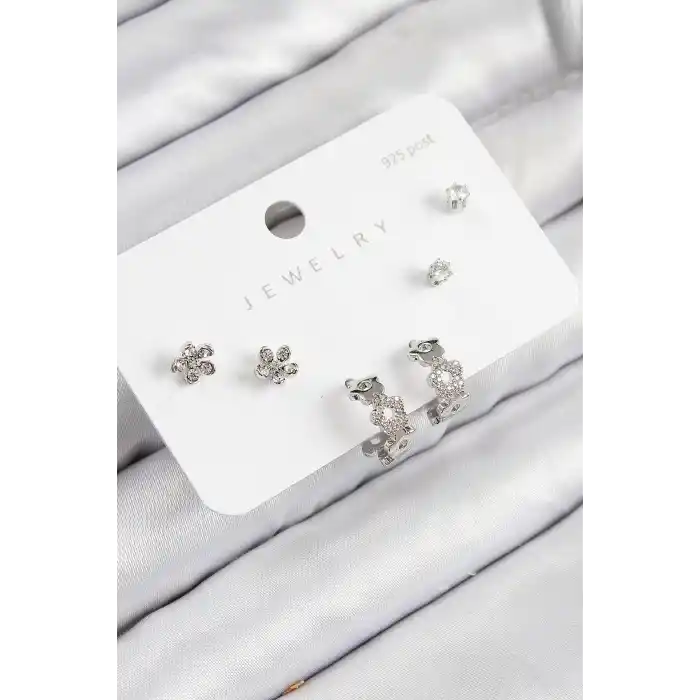 Pirinç Zirkon Taşlı Halka Model Gümüş Renk 925 Ayar Gümüş Çivi Kadın Küpe Set