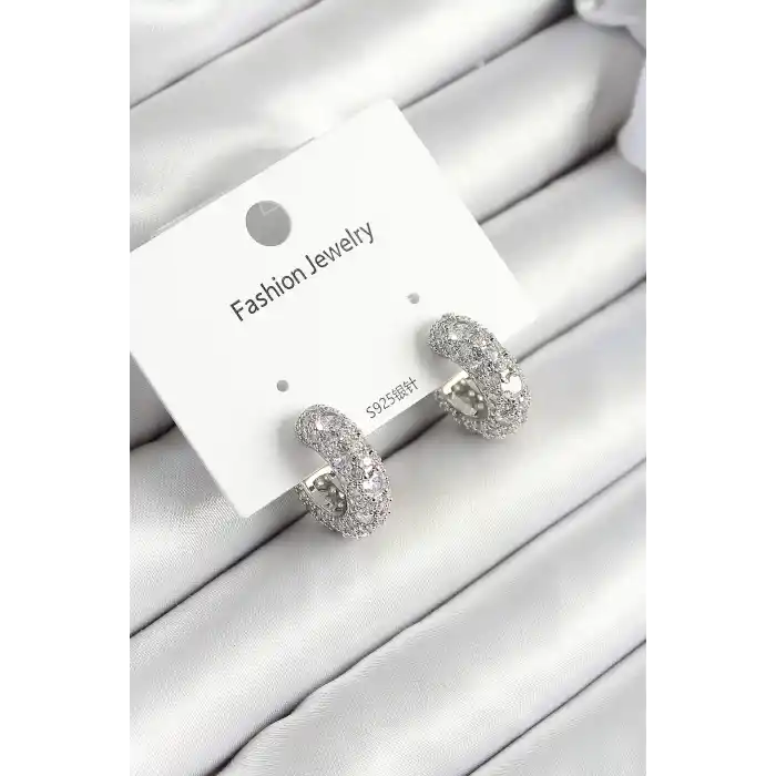 Pirinç Zirkon Taşlı Halka Model Gümüş Renk Kadın Küpe