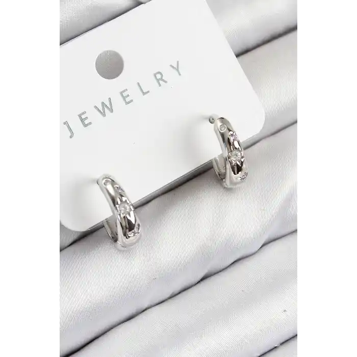 Pirinç Zirkon Taşlı Halka Model Gümüş Renk Kadın Küpe