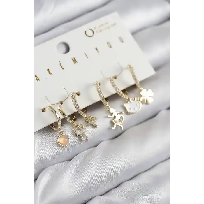 Pirinç Zirkon Taşlı Hello Kity Ve Yonca Model Gold Renk 6lı Küpe Set