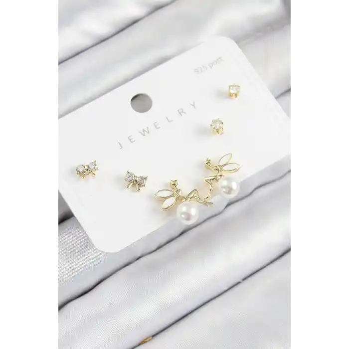 Pirinç Zirkon Taşlı İnci Melek Model Gold Renk 925 Ayar Gümüş Çivi Kadın Küpe Set