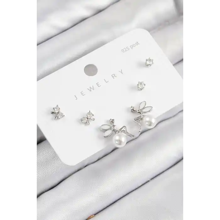 Pirinç Zirkon Taşlı İnci Melek Model Gümüş Renk 925 Ayar Gümüş Çivi Kadın Küpe Set