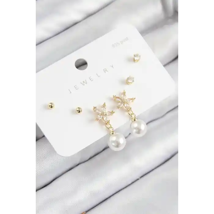 Pirinç Zirkon Taşlı İnci Sallantılı Çiçek Model Gümüş Renk 925 Ayar Gümüş Çivi Kadın Küpe Set