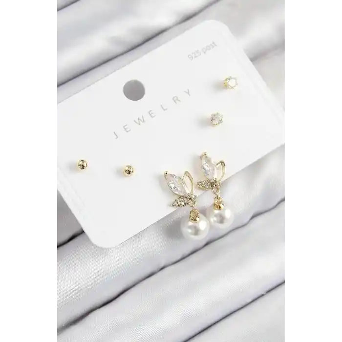Pirinç Zirkon Taşlı İnci Sallantılı Damla Model Gold Renk 925 Ayar Gümüş Çivi Kadın Küpe Set