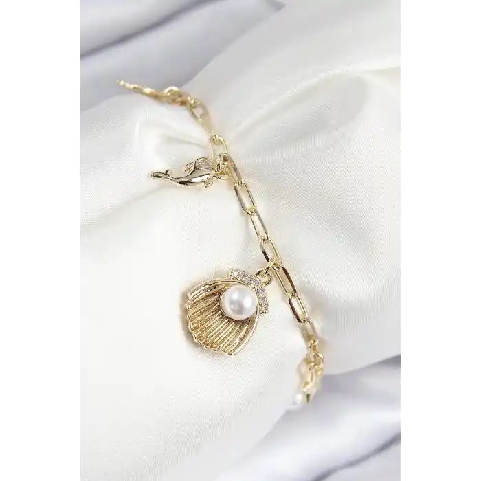 Pirinç Zirkon Taşlı İncili İstiridye Model Gold Renk Kadın Bileklik