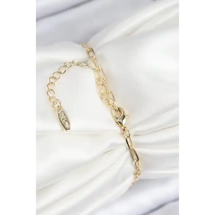 Pirinç Zirkon Taşlı İncili İstiridye Model Gold Renk Kadın Bileklik