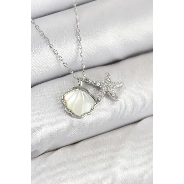 Pirinç Zirkon Taşlı İstiridye Ve Deniz Yıldızı Model Gümüş Renk Kadın Kolye