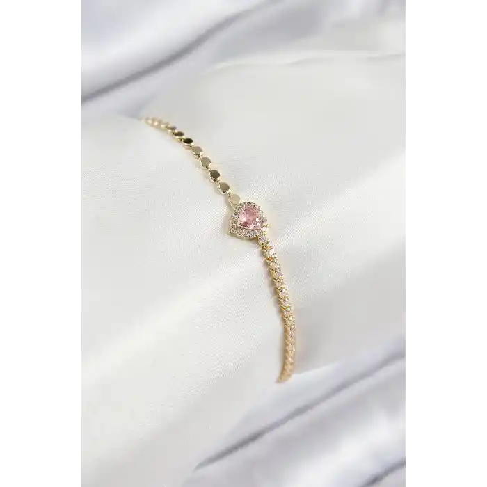 Pirinç Zirkon Taşlı Kalp Model Ezme Zincir Gold Renk Kadın Bileklik