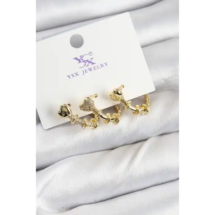 Pirinç Zİrkon Taşlı Kalp Model Gold Renk 3lü Kadın Küpe