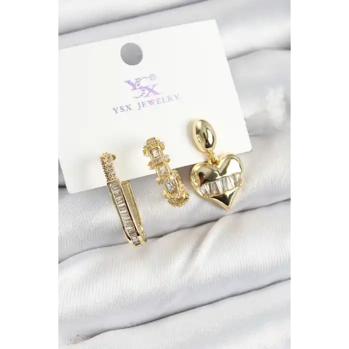 Pirinç Zİrkon Taşlı Kalp Model Gold Renk 3lü Kadın Küpe