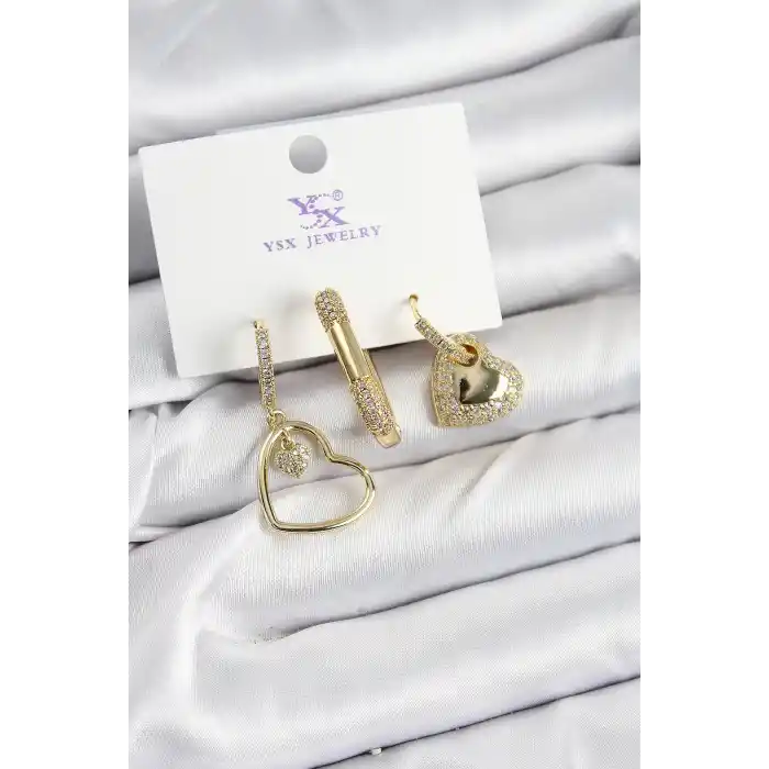 Pirinç Zİrkon Taşlı Kalp Model Gold Renk 3lü Kadın Küpe