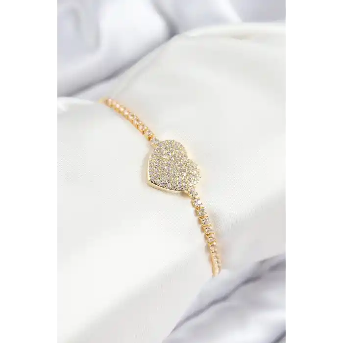 Pirinç Zirkon Taşlı Kalp Model Gold Renk Asansörlü Kadın Bileklik