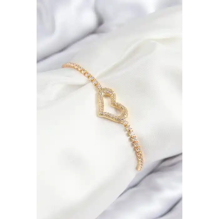 Pirinç Zirkon Taşlı Kalp Model Gold Renk Asansörlü Kadın Bileklik
