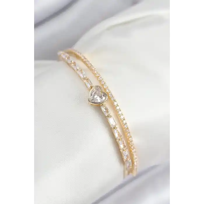 Pirinç Zirkon Taşlı Kalp Model Gold Renk Kadın Bileklik