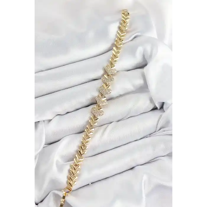 Pirinç Zirkon Taşlı Kalp Model Gold Renk Kadın Bileklik