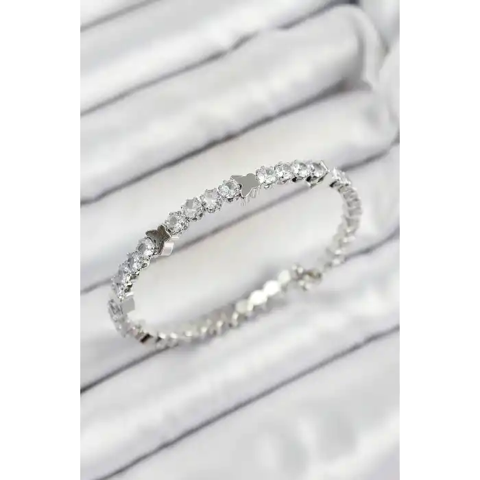 Pirinç Zirkon Taşlı Kalp Model Gümüş Renk Yaylı Kadın Bileklik