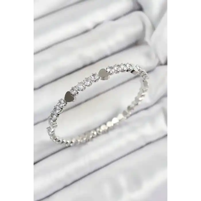 Pirinç Zirkon Taşlı Kalp Model Gümüş Renk Yaylı Kadın Bileklik