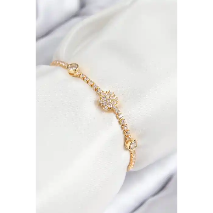 Pirinç Zirkon Taşlı Kar Tanesi Model Gold Renk Asansörlü Kadın Bileklik