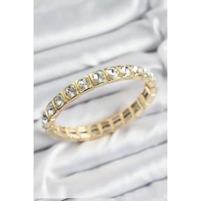 Pirinç Zirkon Taşlı Kare Model Gold Renk Lastikli Kadın Bileklik