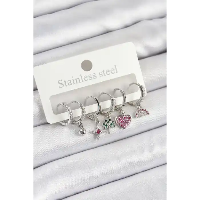 Pirinç Zirkon Taşlı Karpuz Yonca Kalp Pusula Karışık Model Gümüş Renk 6lı Set Kadın Küpe