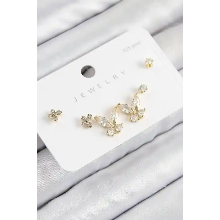 Pirinç Zirkon Taşlı Kelebek Model Gold Renk 925 Ayar Gümüş Çivi Kadın Küpe Set