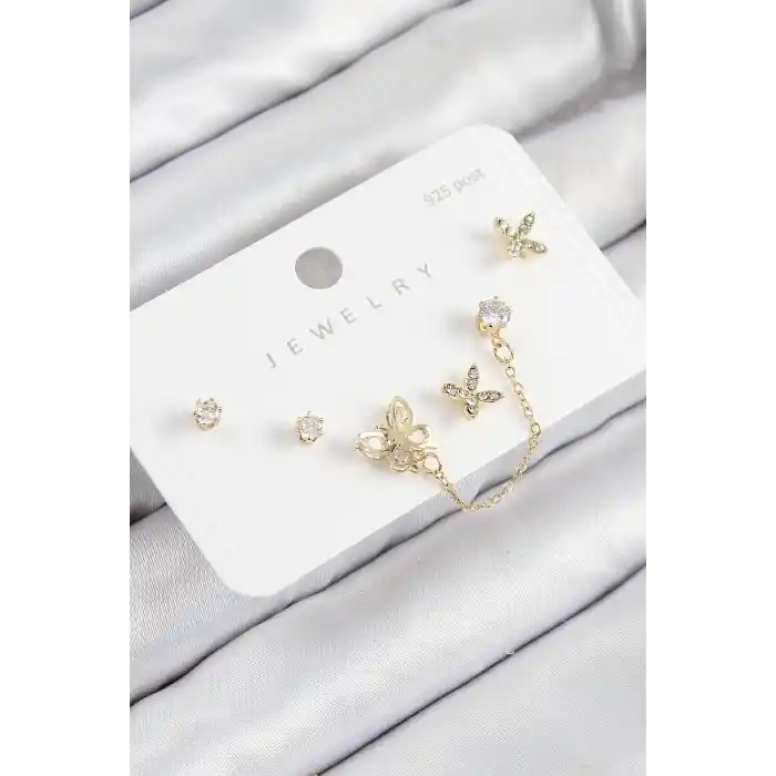 Pirinç Zirkon Taşlı Kelebek Model Gold Renk 925 Ayar Gümüş Çivi Kadın Küpe Set