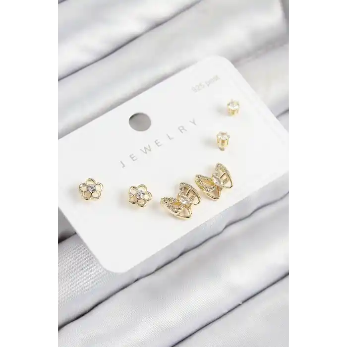 Pirinç Zirkon Taşlı Kelebek Model Gold Renk 925 Ayar Gümüş Çivi Kadın Küpe Set