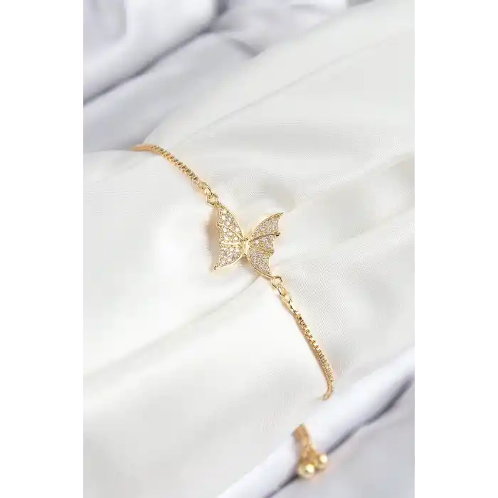 Pirinç Zirkon Taşlı Kelebek Model Gold Renk Asansörlü Kadın Bileklik