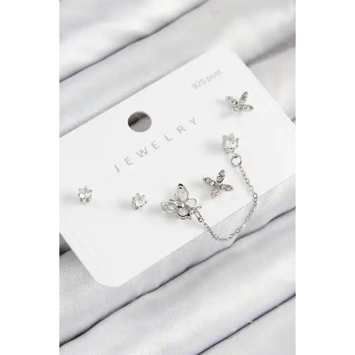 Pirinç Zirkon Taşlı Kelebek Model Gümüş Renk 925 Ayar Gümüş Çivi Kadın Küpe Set
