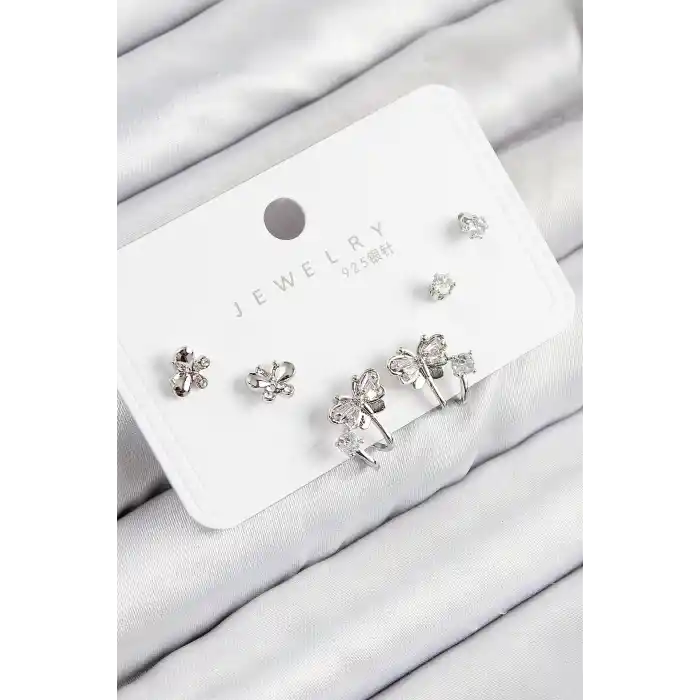 Pirinç Zirkon Taşlı Kelebek Model Gümüş Renk 925 Ayar Gümüş Çivi Kadın Küpe Set