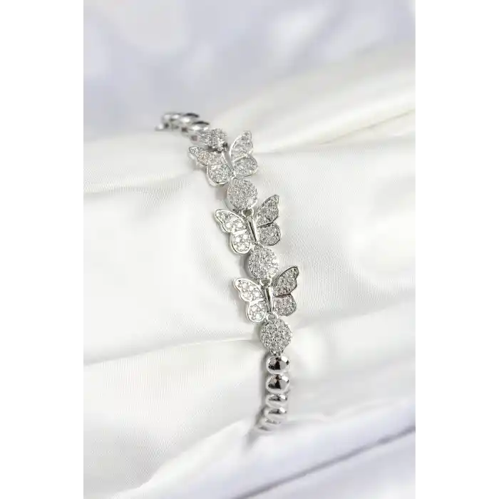 Pirinç Zirkon Taşlı Kelebek Model Gümüş Renk Kadın Bileklik