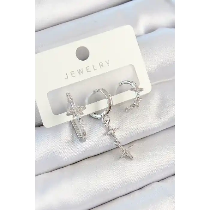 Pirinç Zirkon Taşlı Kelebek Ve Sallantılı Yıldız Model Gümüş Renk 3lü Çift Kadın Küpe Set