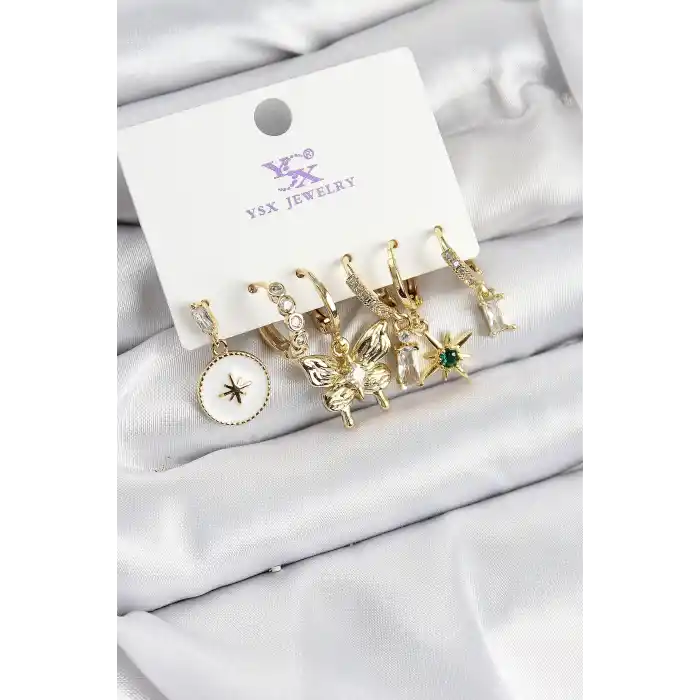 Pirinç Zİrkon Taşlı Kelebek ve Yıldız Model Gold Renk 3lü Çift Kadın Küpe