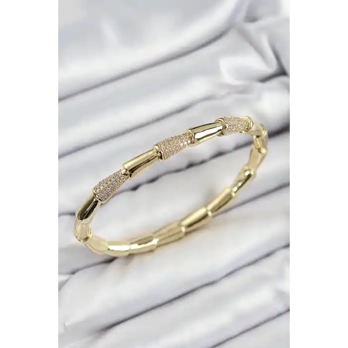 Pirinç Zirkon Taşlı Kemik Model Gold Renk Vip Kadın Bileklik