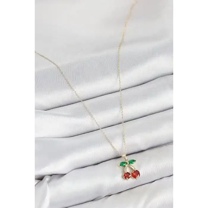 Pirinç Zirkon Taşlı Kiraz Model Gold Renk Kadın Kolye